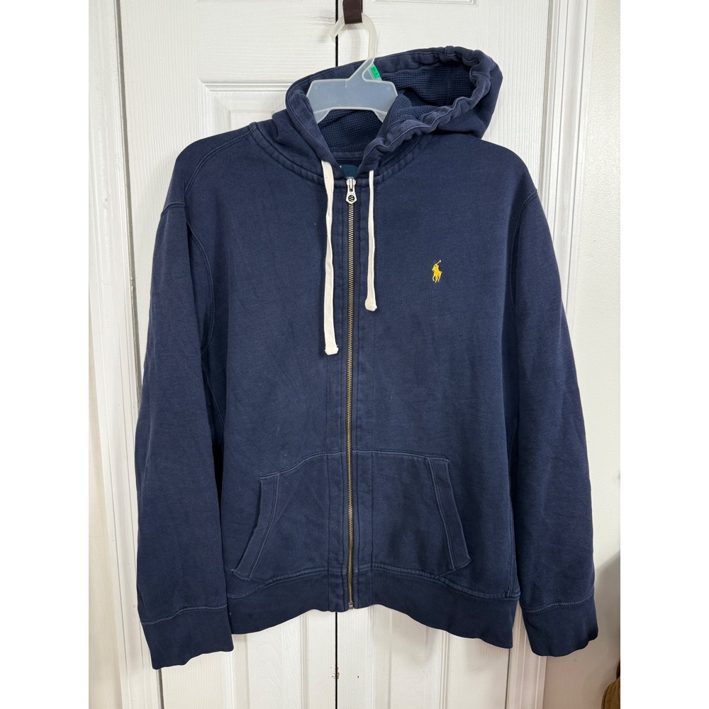 Polo Ralph Lauren Hoodie Mens XXL Navy Blue Full Zip Waffle Lined Yellow Pony
